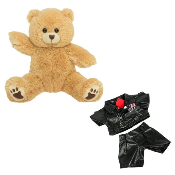 Rhodes the Long Hair Bear Stuffed Toy in Biker Outfit – Plush Bear with Leather Jacket and Helmet for Collectors and Kids
