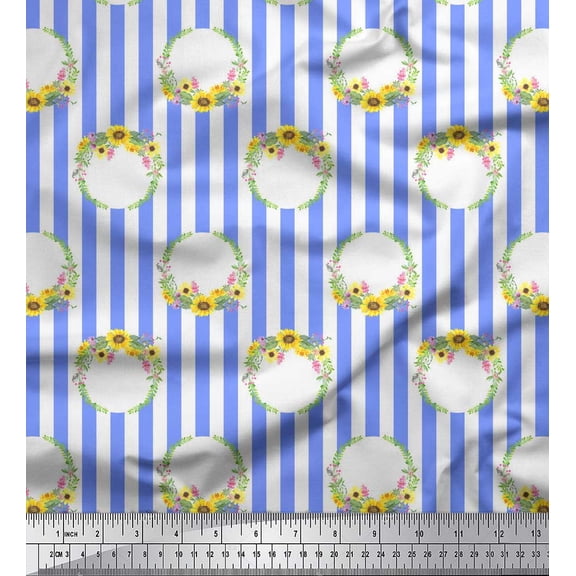 Soimoi Blue Heavy Satin Fabric Wreath & Stripe Print Sewing Fabric Yard 54 Inch Wide