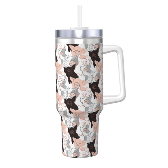 Vsdgher Pigs Pattern 40 oz Tumbler with Handle and Straw Lid | Insulated Cup Reusable Stainless Steel Water Bottle Travel Mug | Gifts for Women Men Him Her