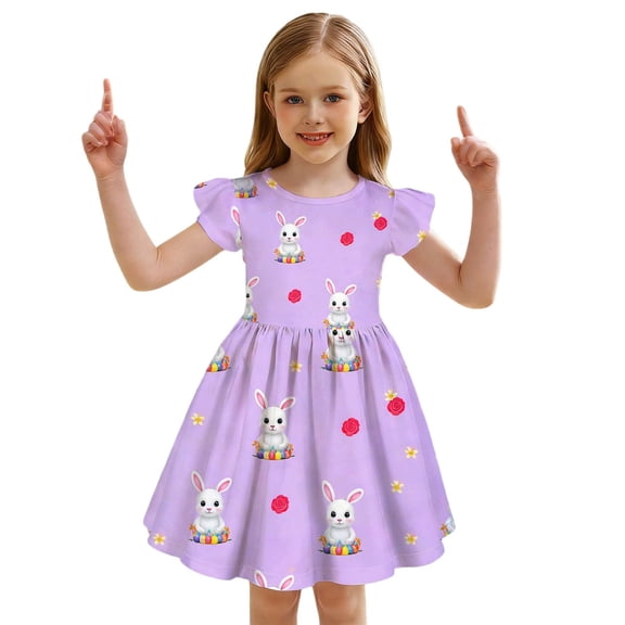 Easter Bunny Print Girls Dress - Flutter Sleeve Party Outfit, Casual Summer Playwear for Toddler Baby Girls and Spring Holidays