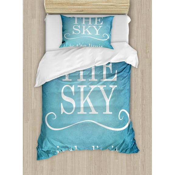 Saying Duvet Cover Set, Sky is Limit Typography Message Motivation Words Simple Design Illustration, Decorative 2 Piece Bedding Set with 1 Pillow Shams, Twin Size, Blue White, by Ambesonne