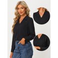 thumbnail image 2 of Camisa casual con botones para mujer, manga larga, cuello en V, fruncido, para oficina, negocios, blusas Negro XL, 2 of 6