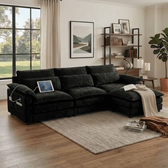 Howcool Cloud Couch Modular Sectional Sofa 3 Seat 113" L Shaped Convertible Couch Chenille Thick Cushion with Ottoman, Removable & Washable Cover for Living Room, Black