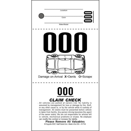 3 Part Valet Parking Tickets (1000 Tickets) on 110lb Card Stock with Car Diagram…