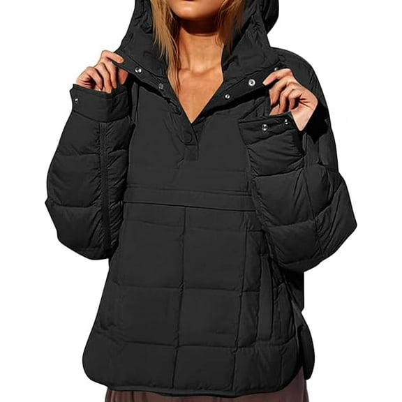 YNGKMEA Quilted Puffer Jacket Women Lightweight Long Sleeve Dolman Hoodies Oversized Packable Hoodies Pullover Casual Quarter Button Down Warm Padded Coat Tops Black XXL