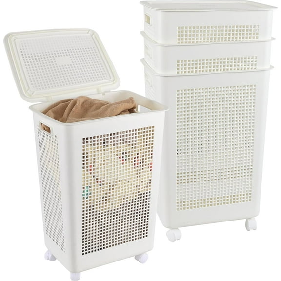 4-Pack 65 L Plastic Slim Laundry Hamper with Lid, Wheels and Pull Handles, Large Tall Laundry Basket, White