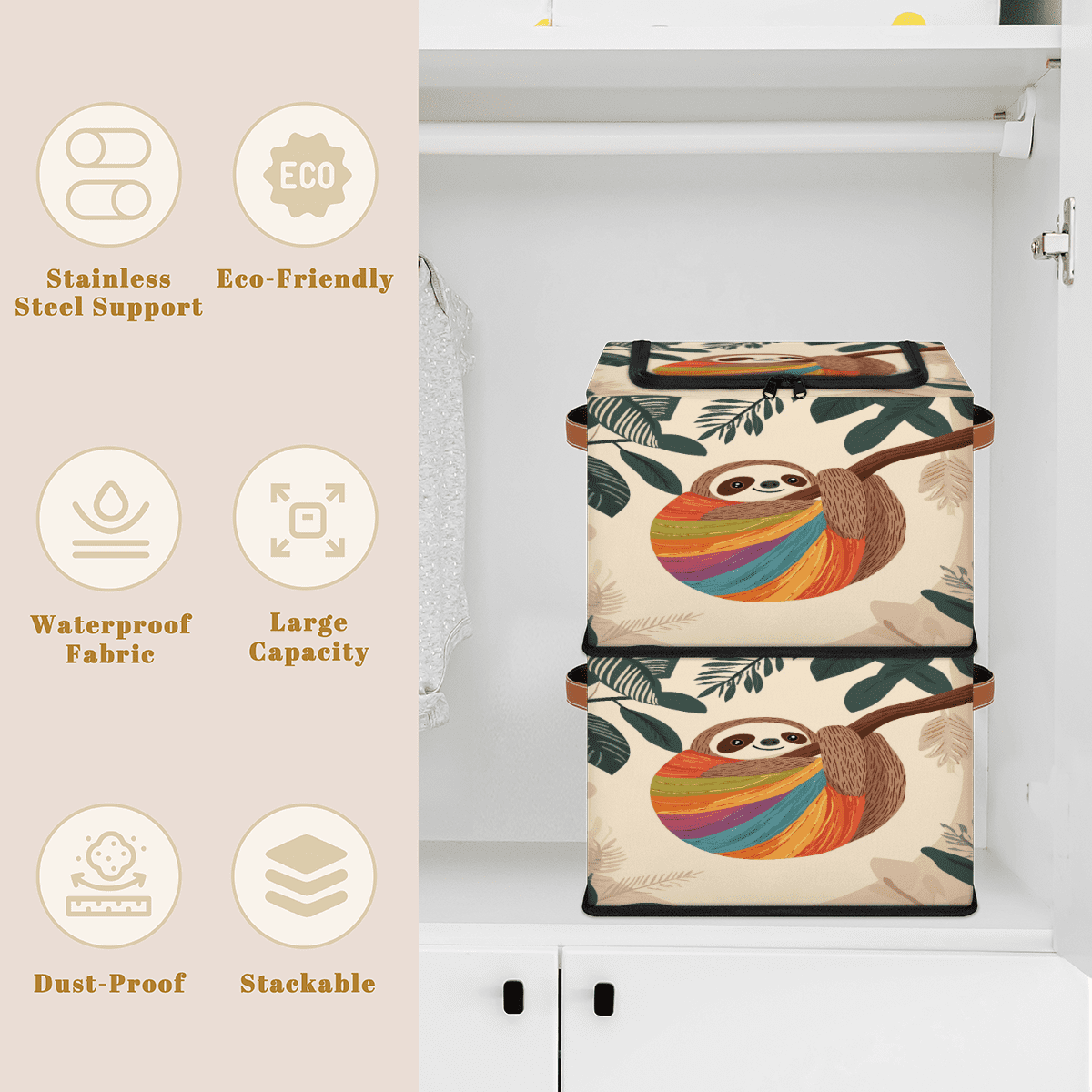 ADECORIVY Tree Sloth Fabric Storage Bin with Lid, Decorative Closet Shelf Organizers, Colorful Funny Foldable Basket Box Clothes Storage Bin with Handles
