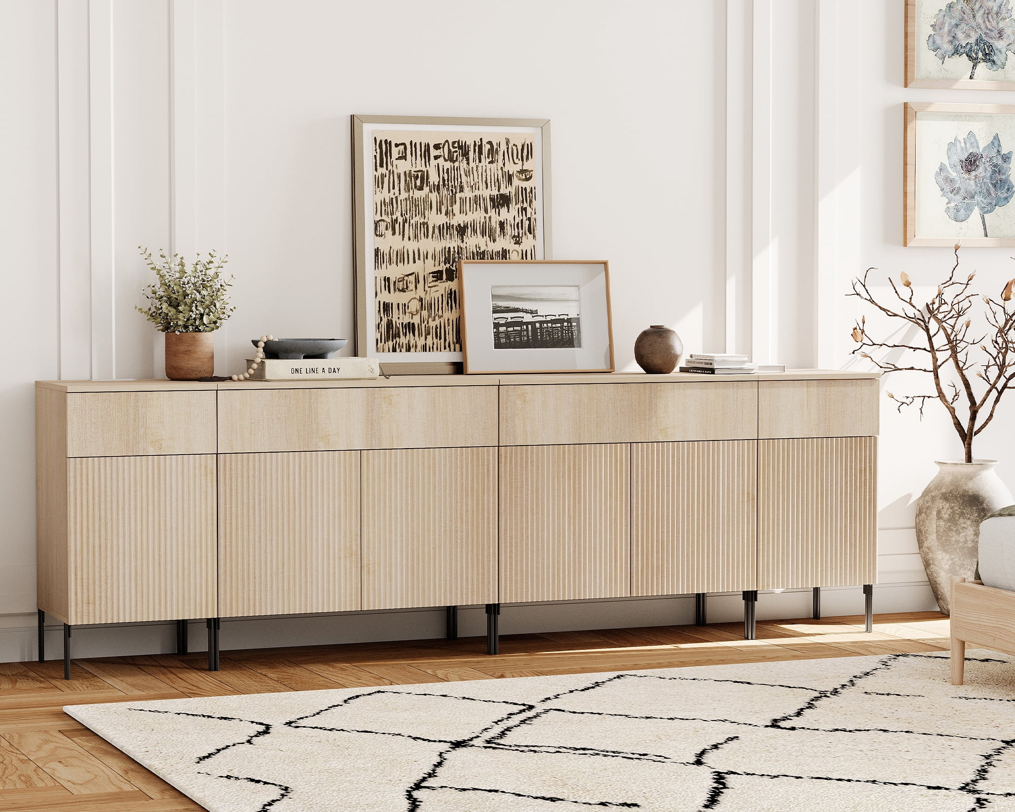 94.5" Reeded Accent Cabinet Set with Charging Station, Modern Credenza Storage Cabinet with Doors and Drawers for Living Room, Kitchen, Dining Room, Hallway