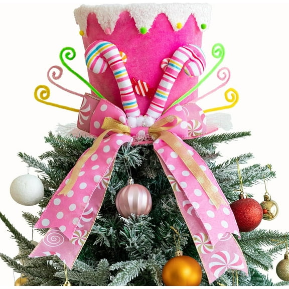 Christmas Tree Topper Hat, Candy Canes Tree Topper, Pink Tree Topper Christmas Decorations with Bow Ribbon Christmas Tree Ornaments for Home Decor