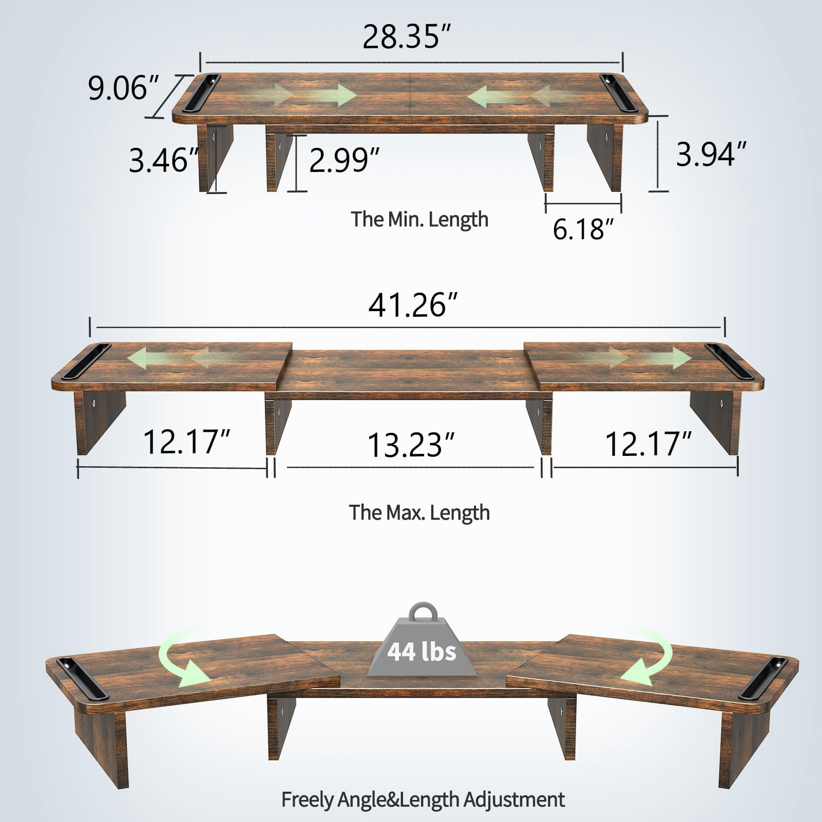 Dual Monitor Stand Riser  With Adjustable Length And Angle Wood For Desk 2 Monitors Storage Space(rust Brown Large)