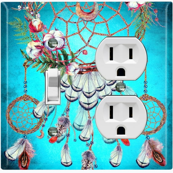 Metal Light Switch Plate Cover Beaded Feather Dreamcatcher Teal DRM005