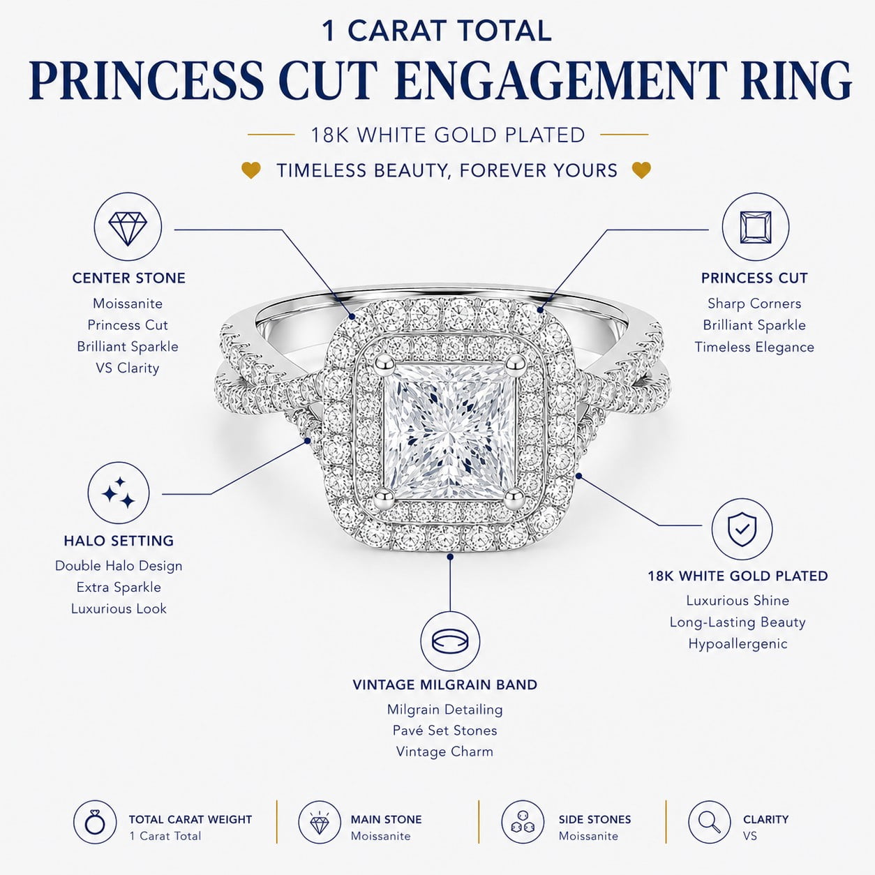 JeenMata 1 Carat Princess Cut Moissanite Engagement Ring - Bridal Set - Double Halo Ring - Cluster Ring - 18k White Gold Plated for Women