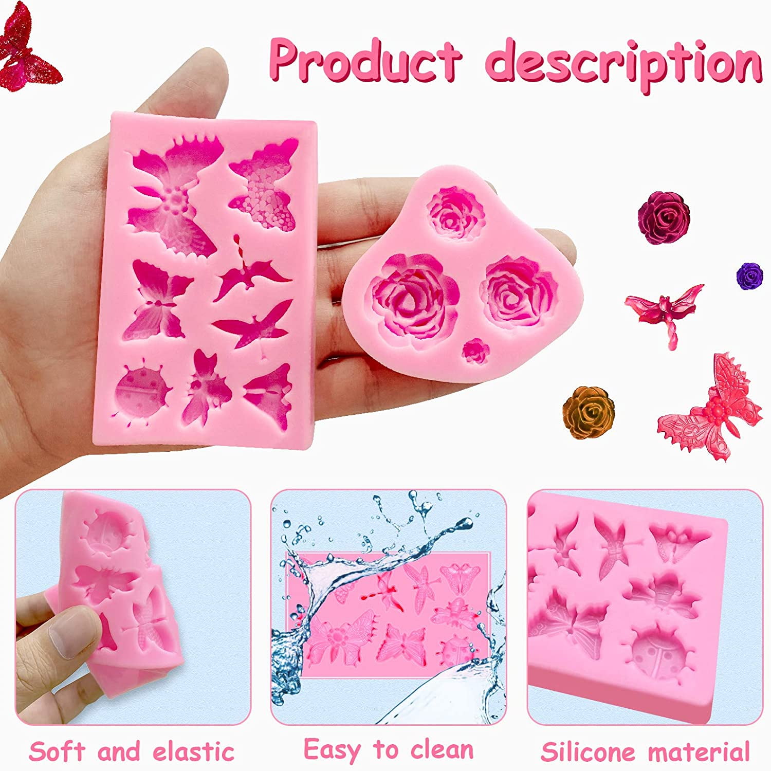 6 Pcs Flower Silicone Mold Set Rose Daisy Butterfly and Mini Flowers Molds  for Candy Chocolate Fondant Polymer Clay Soap Crafting Projects Cake  Decoration