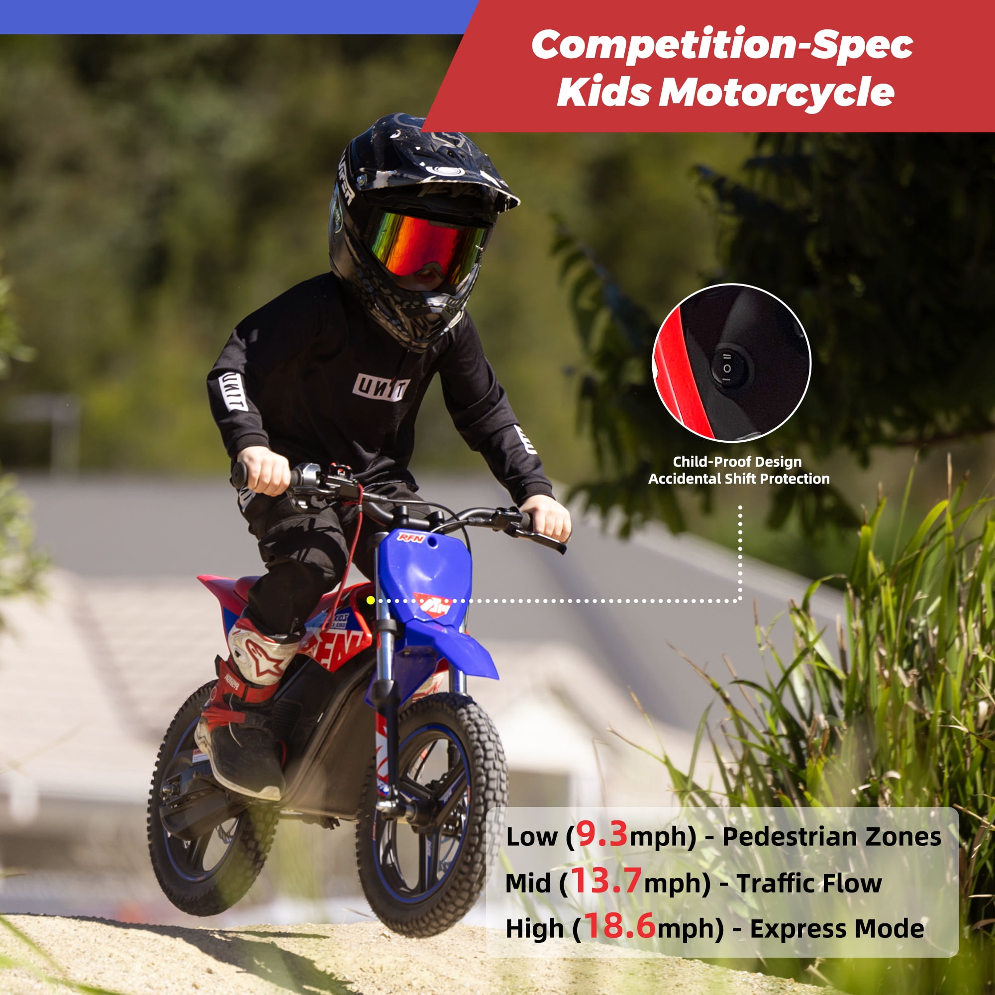 RFN SX-E350 Kids Electric Dirt Bike, 36V 350W Brushless Off-Road Dirt Bike for Kids, 18.6 MPH, 3-Speed Modes, 14" Tires, Front & Rear Disc Brakes, Ages 4-8