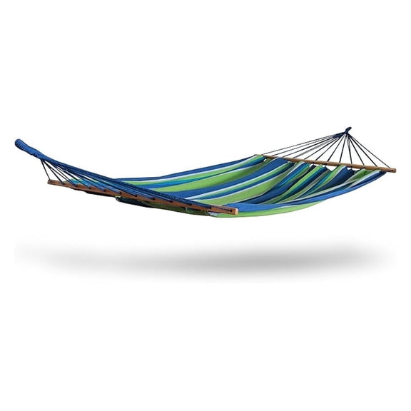 Woven Hammock 2 Person, Brazilian Double Hammock with Spreader Bars - Green Striped Outdoor Lounger - 330lb Capacity - Easy Setup for Patio, Yard, Camping