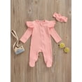 thumbnail image 2 of Xingqing Newborn Baby Girl Fall Clothes Solid Color Ribbed Long Sleeve Zip-Up Footed Romper + Headband Set, 2 of 7