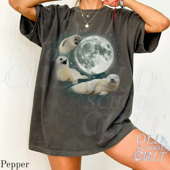 Three Seals and Full Moon Graphic Print T-Shirt | Vintage Ocean Animal Tee | Retro Marine Wildlife Unisex Top