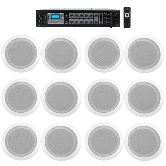 Rockville Commercial Receiver 12 6.5" 2Way White Ceiling Speakers 4 Hotel/Office