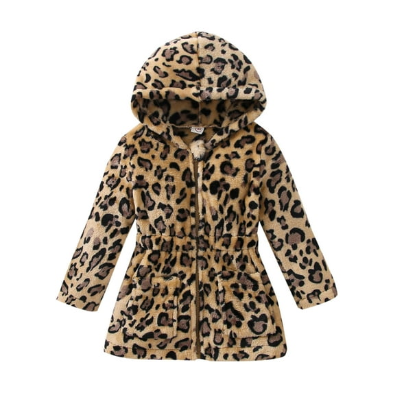 Gureui Kids Baby Girls Spring Jacket, Fall/Winter Long Sleeve Leopard Elastic Waist Zip-Up Hooded Coat Outerwear