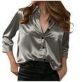 thumbnail image 3 of QATAINLAV Gray Womens Satin Silk Blouse Button Down 3/4 Sleeve Collared Silky Shirt with Pockets Business Casual Work Tops XL, 3 of 9