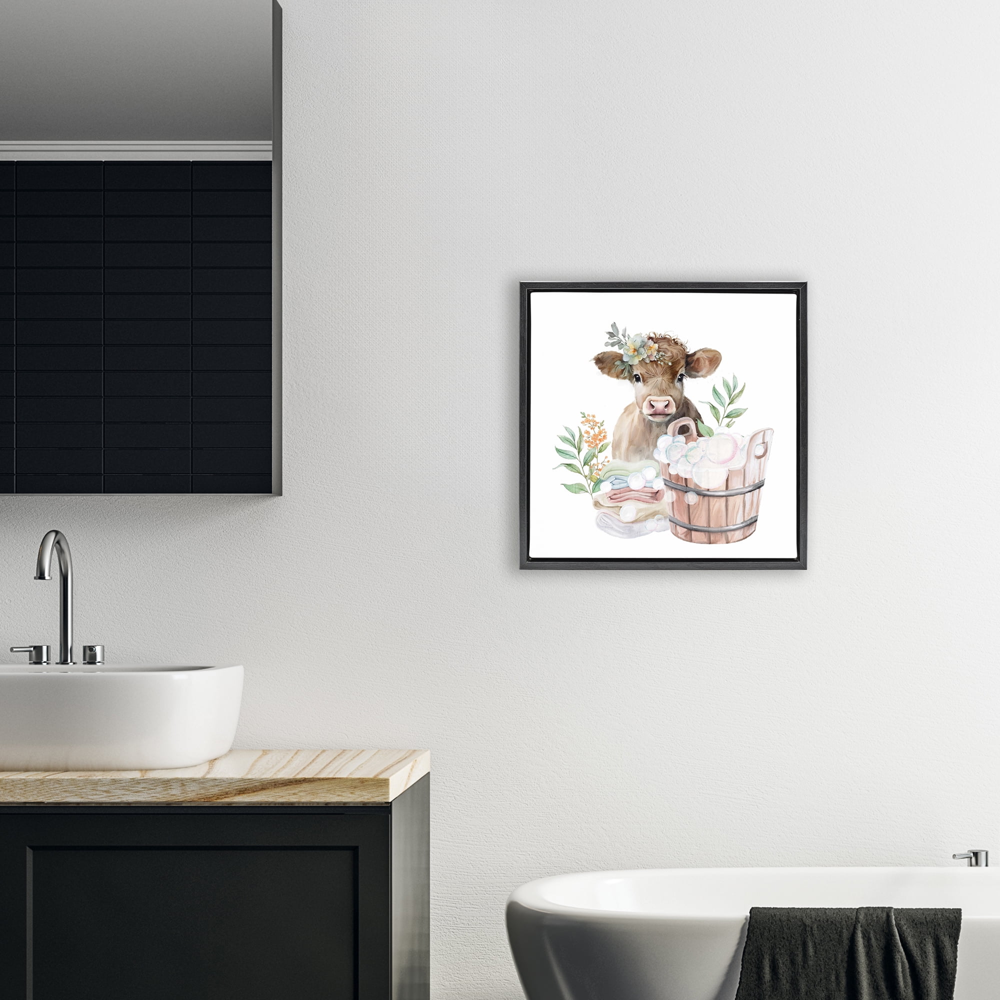 Laundry Day Baby Cow Black Framed Floater Canvas Wall Art, design by Kim Allen