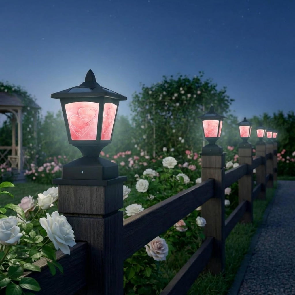 Solar Post Cap Light Outdoor, Fits 4x4 5x5 6x6 Wood Posts, Waterproof LED Fence Post Light for Deck Patio Garden Yard Decoration, Removable Design Panel (Black, 1 Pack) (Heart2)