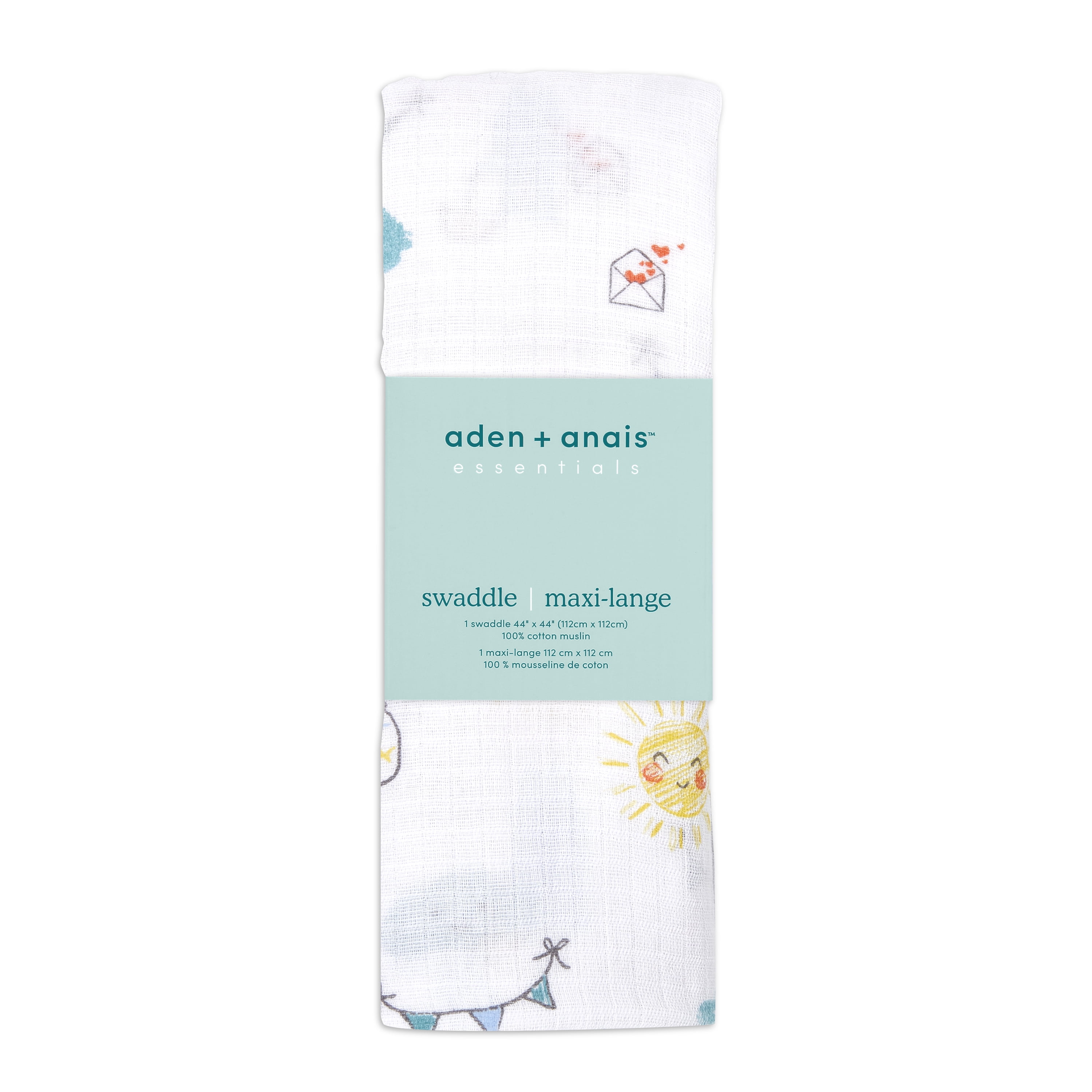 aden + anais Essentials 100% Cotton Muslin Swaddle, 44" x 44", Happy Times