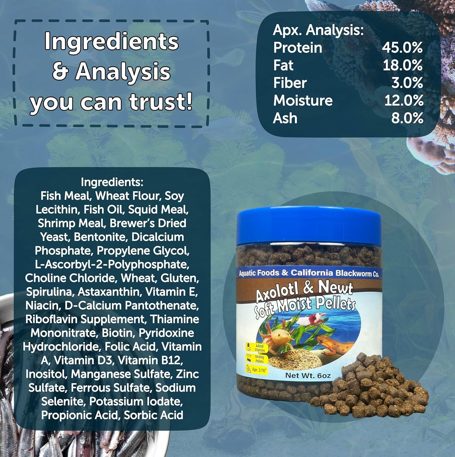 Axolotl Food 3/16" Soft Moist Sinking Pellets for Axolotl, Snails, Shrimp, Catfish, ALL Bottom Fish, Blackworm Pellets Included 1-lb 7oz Canister