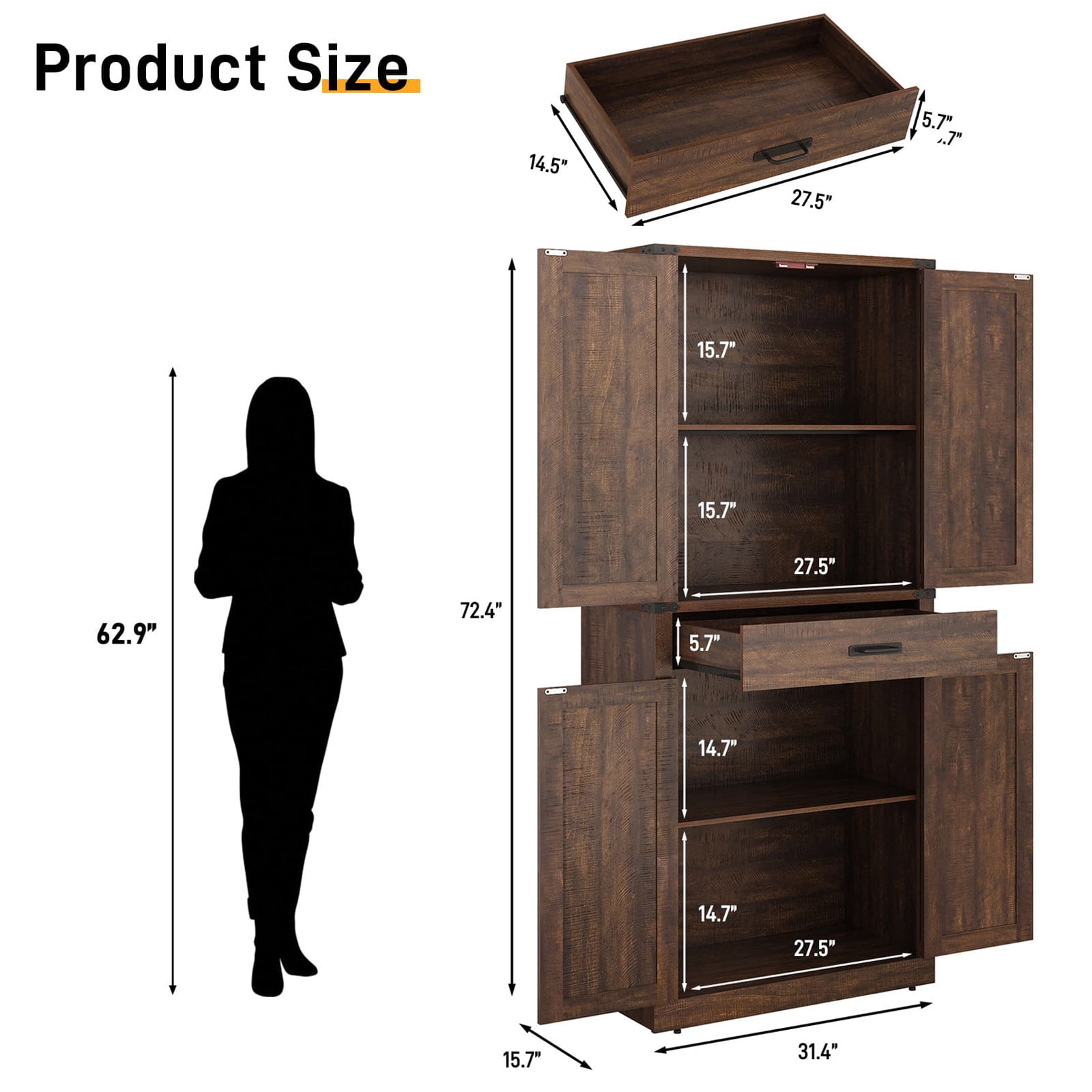 72" Tall Kitchen Pantry, Farmhouse Pantry Cabinet with 1 Drawer & 4 Layer Adjustable Shelves, Rustic Wood Storage Cupboard with Metal Load-Bearing Pipe for Kitchen Bathroom Living Room Hallway