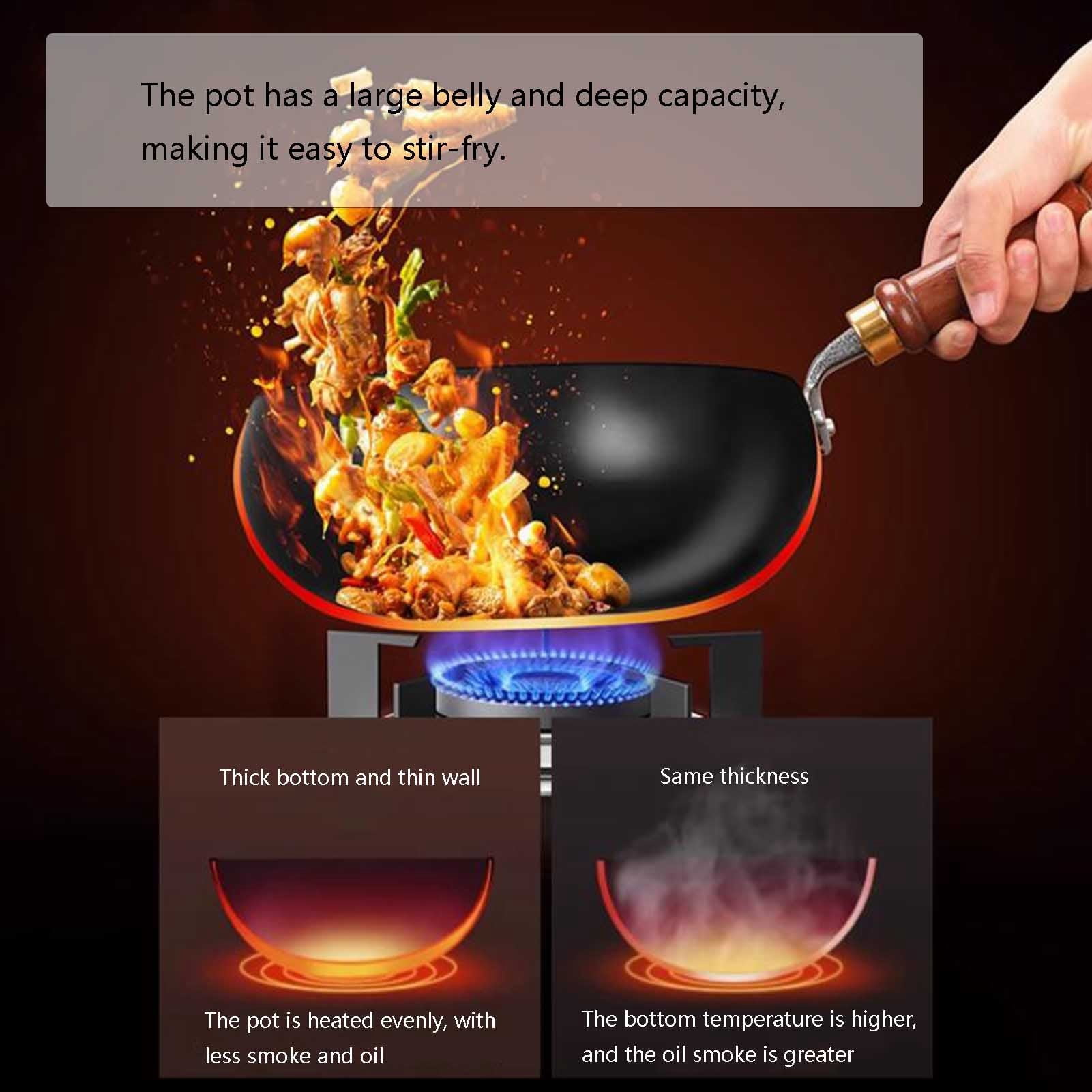 Japanese iron pan, without coating, hand-forged non-stick pans, durable and rust-proof frying pan, with wooden lid for induction, electric and gas stoves