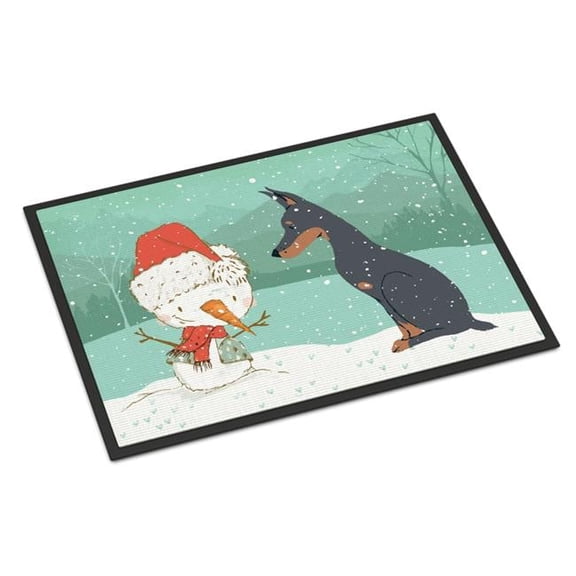 18 x 27 in. Doberman & Snowman Christmas Indoor or Outdoor Mat