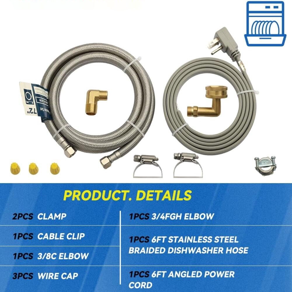 Krydros 6-ft. Braided Stainless Steel Dishwasher Installation Kit with 3/8-in. Compression Hose, Power Cord, and Adapters