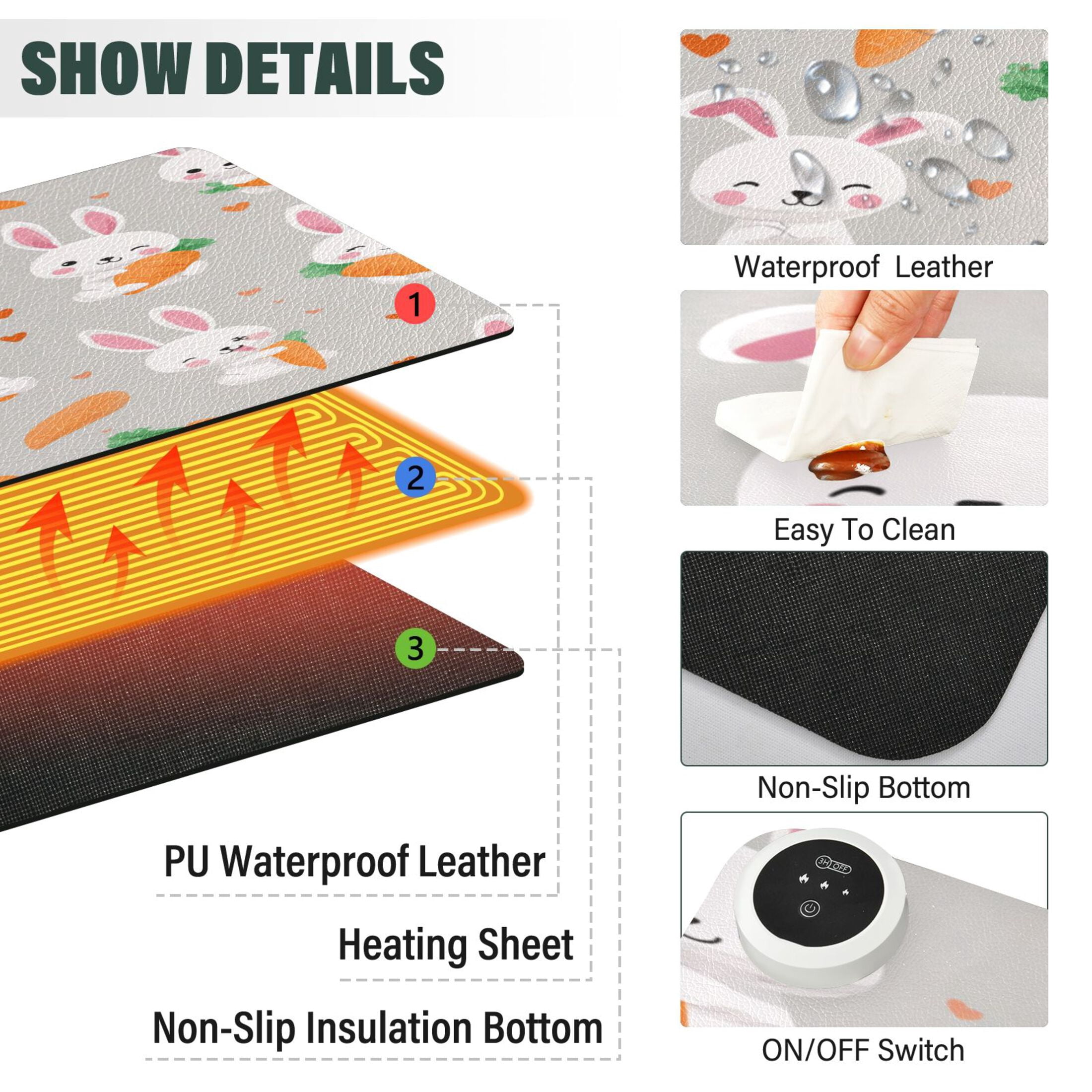 Large Heated Desk Mat Mouse Pad 31.5"x13"PU Leather Graphene Heating Desk Warmer with 3 Temperature Settings 110V US Plug Non-Slip Warm Pad for Home, Office, and Gaming Cute Bunny Carrot Print