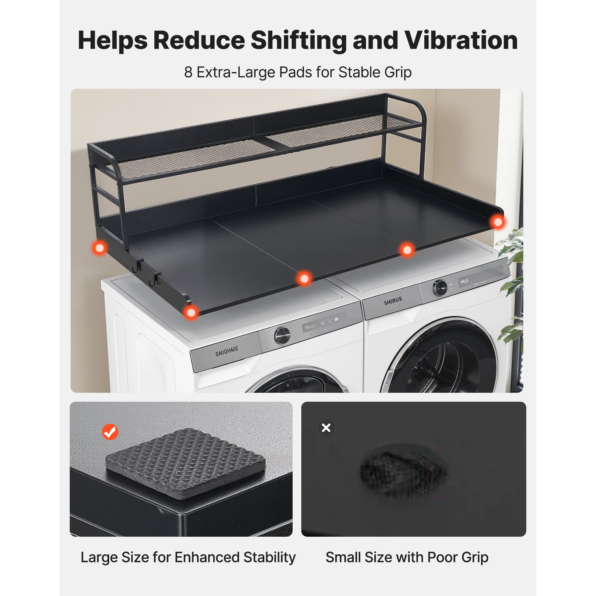 KFFKFF Washer Dryer Countertop with Shelf, 54 x 27.5 in Wooden Laundry Topper with Edge and 2 Hooks, Laundry Machine Organizer for Closet and Pantry Storage, Black