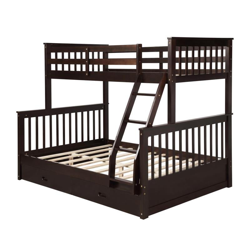 Solid Wood Twin Over Full Bunk Beds, Dorel Living Airlie Solid Wood Bunk Beds Twin Over Full With Ladder And Guard Rail Espresso