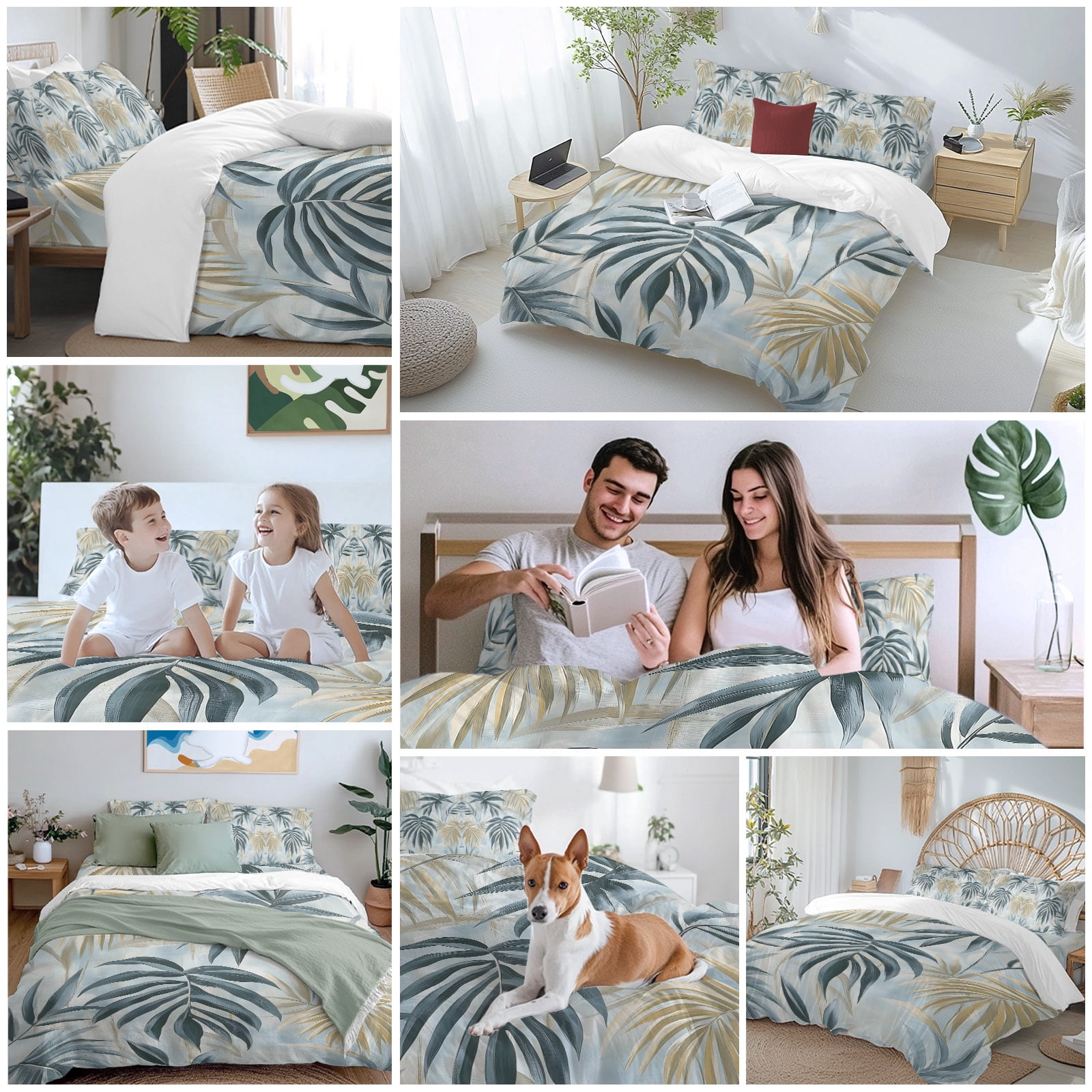 Bamboos Leaf Queen Duvet Cover Set, Green Leaves Watercolor Modernism 4 Piece Microfiber Bedding Set with Zipper Closure, Bed Sheet and 2 Pillow Shams, Soft Bedding Cover