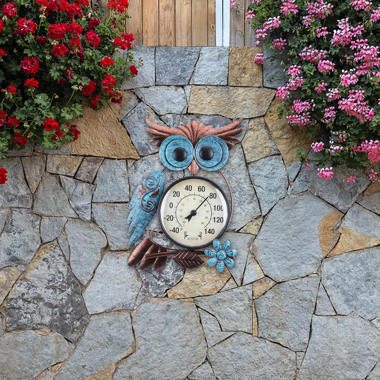 MUMTOP Wall Hanging Thermometer Stake, 42 Inch Metal Owl Garden Stake Outside Wall Thermometer for Patio, Yard and Garden,Weather Resistant