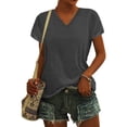 thumbnail image 4 of MNCEKFOD T Shirts for Women Summer 2025 Cap Sleeve Casual Tshirts V Neck Solid Color Loose Fit Blouse Leisure Tee Shirts Gray L, 4 of 5