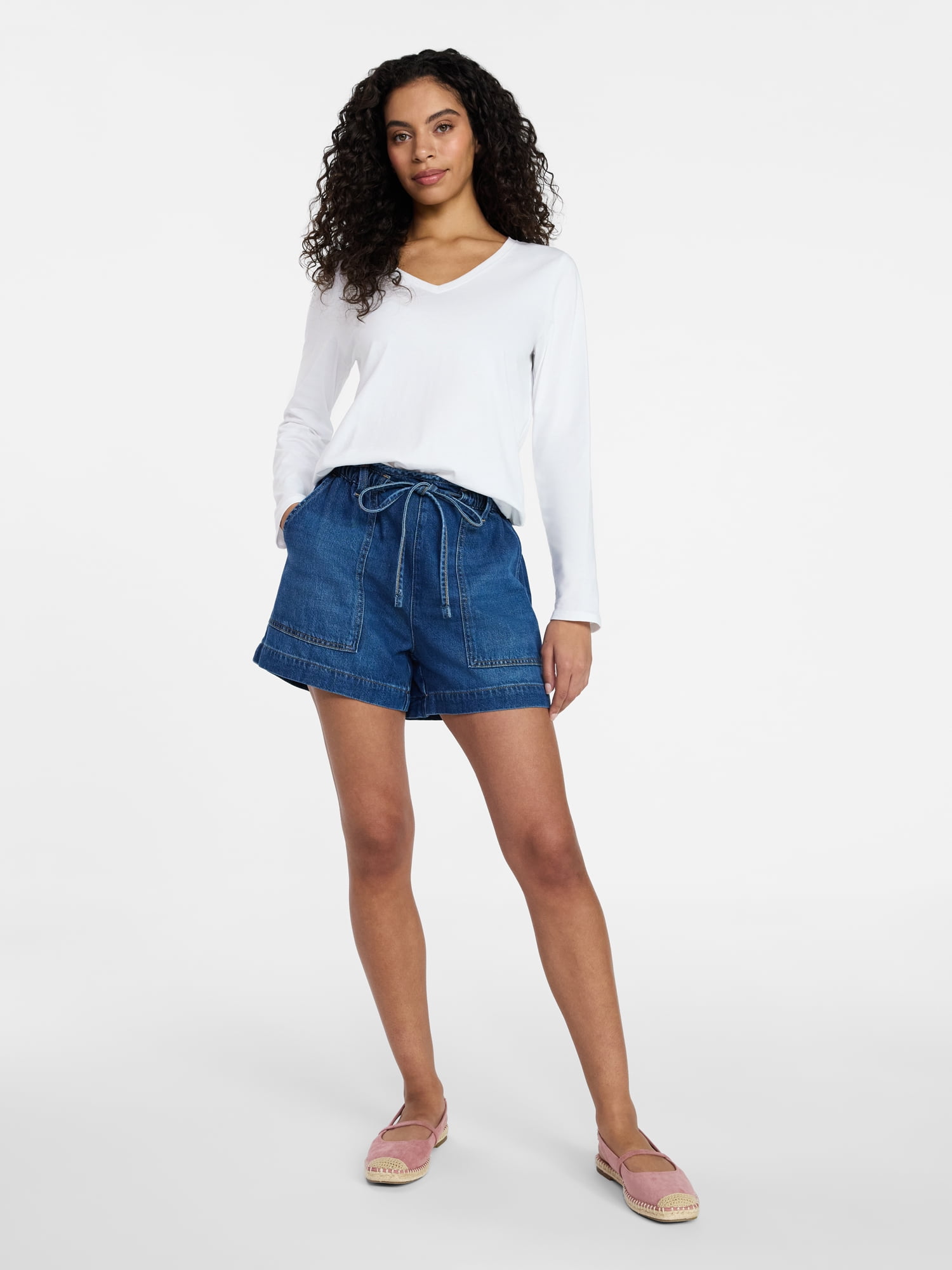 Time and Tru Women's Cotton V-Neck Tee with Long Sleeves, Sizes XS-XXXL