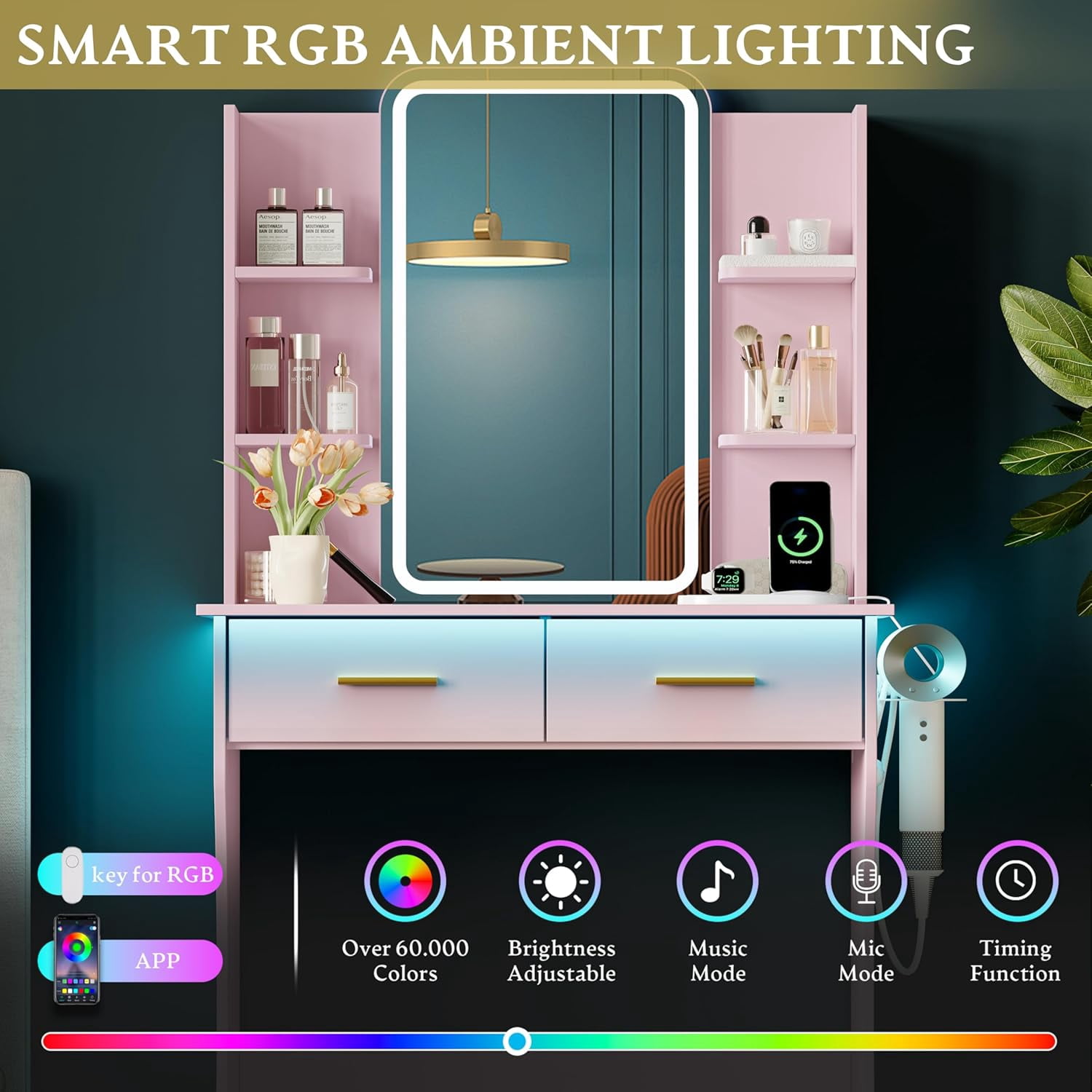 FANRAL Vanity Desk with LED Lighted Mirror and Power Outlet,Makeup Vanity Table with Storage Drawers,3 Lighting Modes and Adjustable Brightness,Dressing Table for Bedroom,Pink Vanity