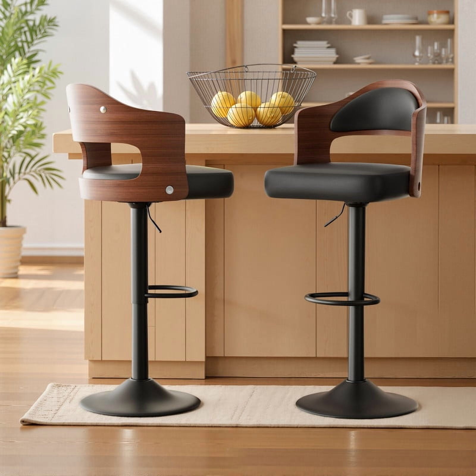 Daluvenix Swivel Bar Stools Set of 2, Wooden Kitchen Bar Chairs with Back, PU Leather Counter Height Barstools for Kitchen Island, Black