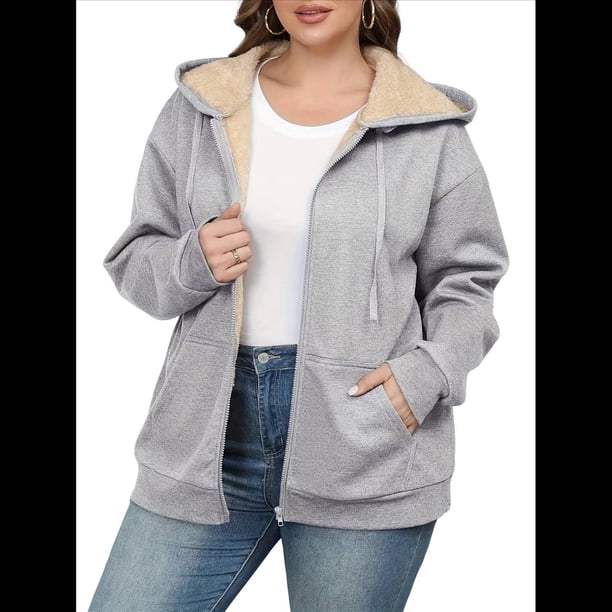 Sudadera con Capucha de Invierno de Larga con Cremallera para Mujer, Informal, Cálida y Acogedora, con Forro , para Otoño. Gris XL