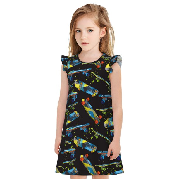 Fotbe Colorful Skateboard Vestido de Dormir para Niñas de 3 a 10 Años, Mangas Cortas, Estilo Princesa, Pijama Camisón con Mangas Voladas-XX-Large