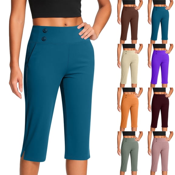 Nestiefly Pedal Pushers for Women Summer High Waisted Straight Leg Petite Capris Stretch Cropped Trousers with Pockets Orange S