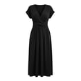 thumbnail image 5 of Dolkfu Petal Women Clothing Pull-on Short Sleeve V-Neck Black Faux-Wrap Romance Long Solid Relaxed Fit Dresses Black,S, 5 of 5