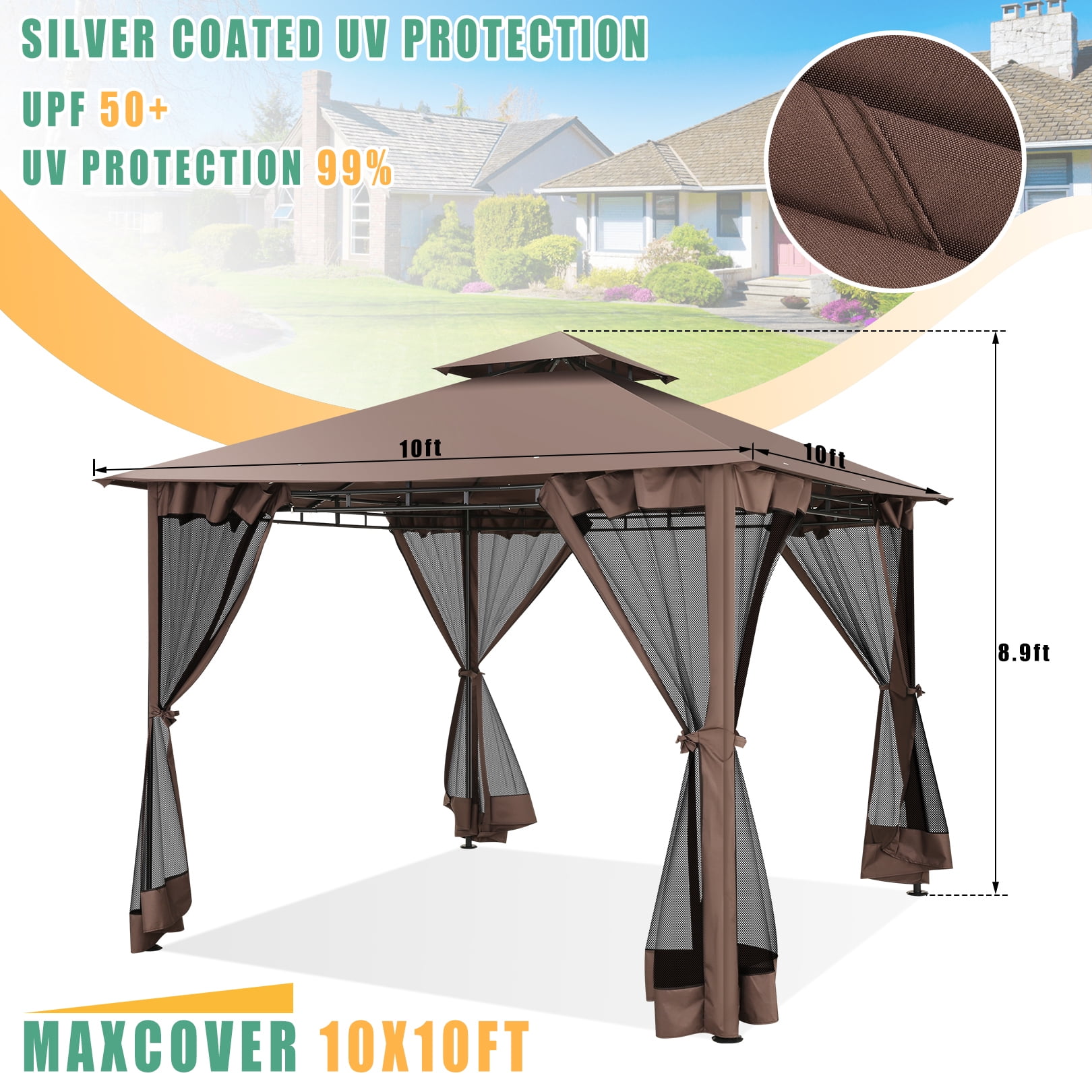 COBIZI Easy Assembly Outdoor Furniture Patio Canopy,10x10 Outdoor Gazebo with Mosquito Netting,Shade Tent for Party, Backyard, Deck, Patio Lawn & Garden,Brown