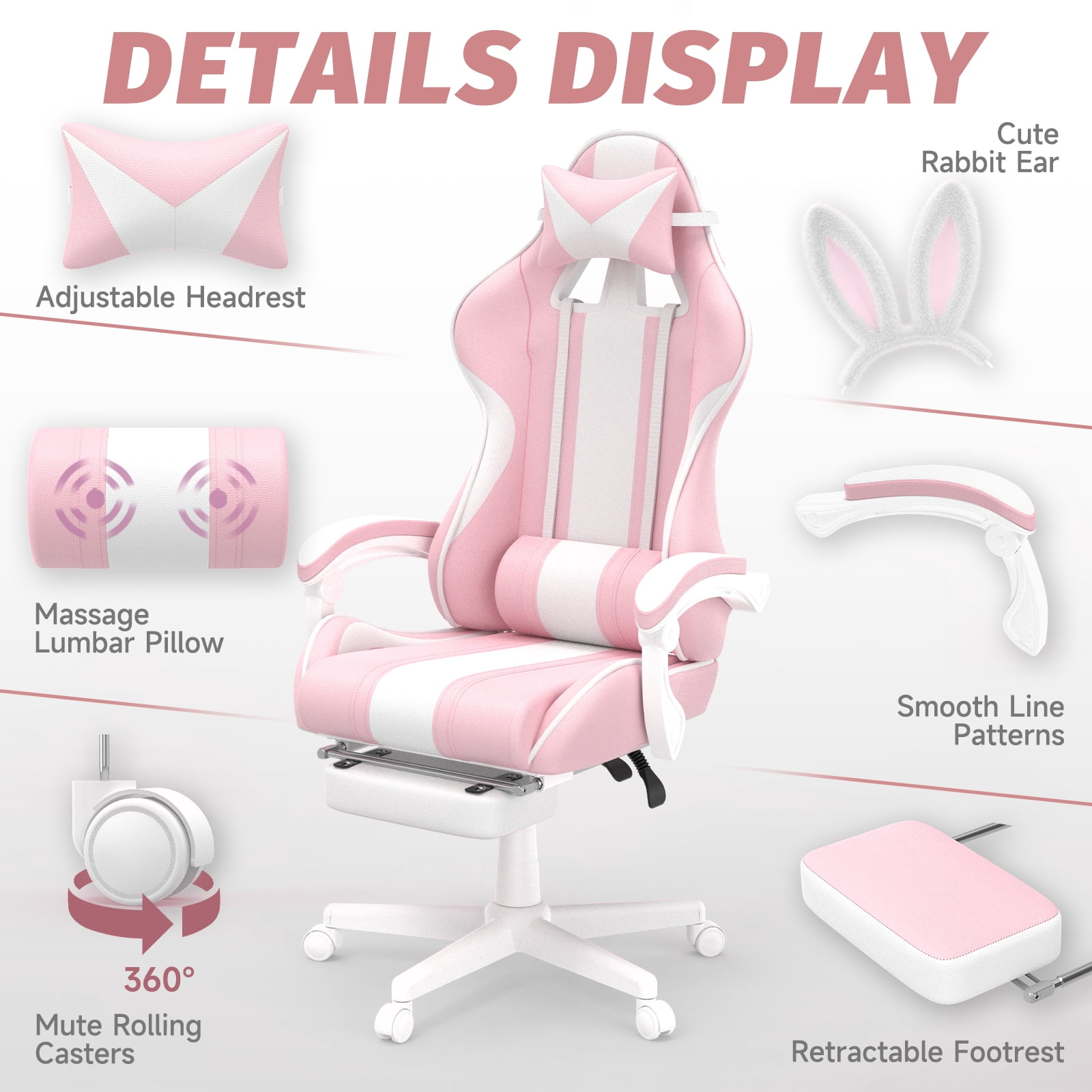 SOONTRANS Pink Gaming Chair, Girl High Back Gamer Chair with Footrest for Adult , Reclining Adjustable Game Office Chairs Massage Pillows