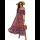 thumbnail image 1 of Vestido Informal, Fluido, con Estampado Floral Bohemio, Hombros Descubiertos, para Mujer (Verano 2025) Fondo Rojo XXL, 1 of 9
