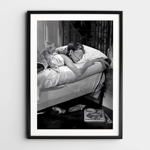 Audrey Hepburn Sleeping Wall Art Black and White Print Vintage Photo Classic Hollywood Art Woman and Cat Wall Decor Retro Dorm Room Art