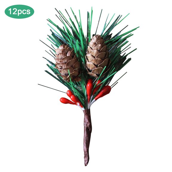 12pcs Simulated Flower Red Christmas Berry Pine Cone Picks Stems Christmas Tree Accessories for Holiday Home Ornament Flower Crafts